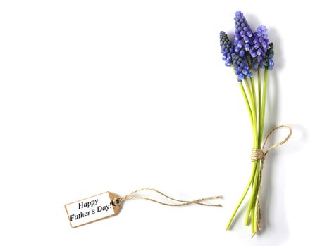 Blue flowers with gift tag and sign Happy Fathers Day on white background