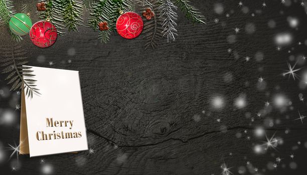 Border of Christmas tree branches on old wooden background. Red baubles, gift tag, snowflakes, gold dust. Text Merry Christmas. Place for text, copy space, mock up. 3D render