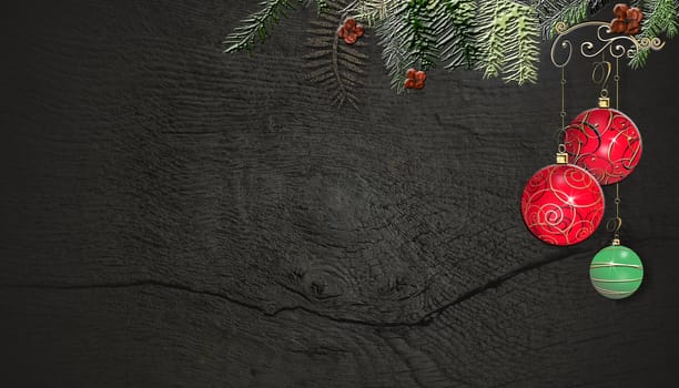 Christmas background with fir tree and red decorations balls on dark wooden board. Copy space, place for text, mock up. Horizontal. 3D illustration