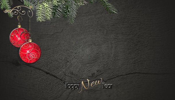 Christmas 2021 New Year frame on wooden background of red gold baubles balls hanging on fir branches. Copy space, place for text, mock up. Flat lay. 3D render, realistic