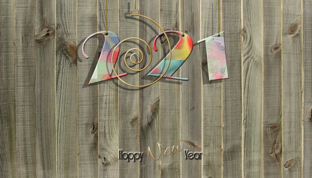 2021 New Year background. Hanging colored digit 2021 over wooden background, text Happy New Year. Copy space, place for text, mock up. 3D illustration