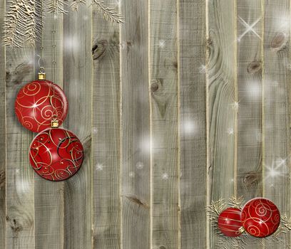 Christmas Decoration Over Wooden Background. Decorations over Wood. For card, invitation, header print and web design. Copy space. 3D illustration