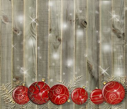 Christmas background with gold fir branches and red balls on grunge rustic wooden board with snow. Place for text, mock up. 3D illustration