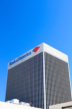 DOWNTOWN LAS VEGAS, NV, USA - Sep 16, 2018: Sign of the Bank of America on the top of the company building in Las Vegas Downtown. It is a Class A Office skyscraper and was completed in 1974.