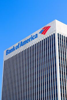 DOWNTOWN LAS VEGAS, NV, USA - Sep 16, 2018: Sign of the Bank of America on the top of the company building in Las Vegas Downtown. It is a Class A Office skyscraper and was completed in 1974.