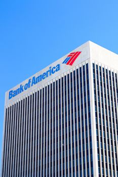 DOWNTOWN LAS VEGAS, NV, USA - Sep 16, 2018: Sign of the Bank of America on the top of the company building in Las Vegas Downtown. It is a Class A Office skyscraper and was completed in 1974.