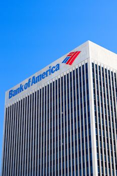 DOWNTOWN LAS VEGAS, NV, USA - Sep 16, 2018: Sign of the Bank of America on the top of the company building in Las Vegas Downtown. It is a Class A Office skyscraper and was completed in 1974.