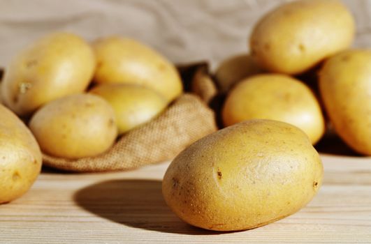 Whole yellow potatoes ,in the foreground one potato, in the background bunch of potatoes out of focus , uncooked and unpeeled vegetable