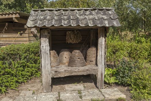 Traditional beehives flipped from straw in a garden with plants and flowers special for the bees and insects