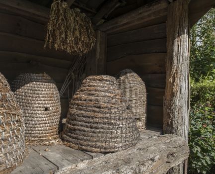 Traditional beehives flipped from straw in a garden with plants and flowers special for the bees and insects
