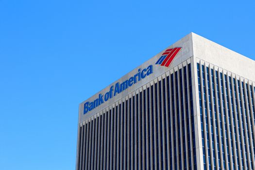 DOWNTOWN LAS VEGAS, NV, USA - Sep 16, 2018: Sign of the Bank of America on the top of the company building in Las Vegas Downtown. It is a Class A Office skyscraper and was completed in 1974.