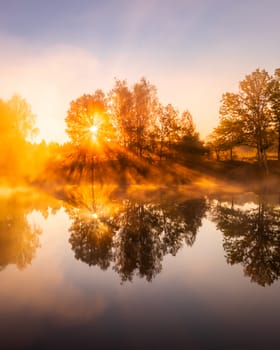 Golden misty sunrise on the pond in the autumn morning. Trees with rays of the sun cutting through the branches, reflected in the water.