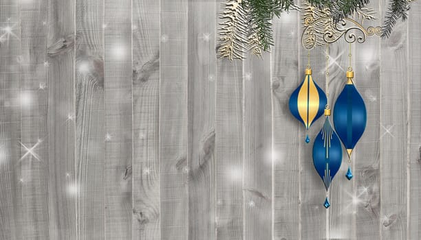 Christmas and New Year background over wood. Blue balls, fir branches on white wooden background. Copy space, place for text. 3D illustration