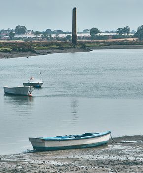 Fishing bay with boats at sea and in the mud and crabs walking in the sand