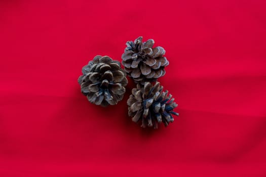 Three pine cones lie on a red background. The concept of the New year and Christmas.