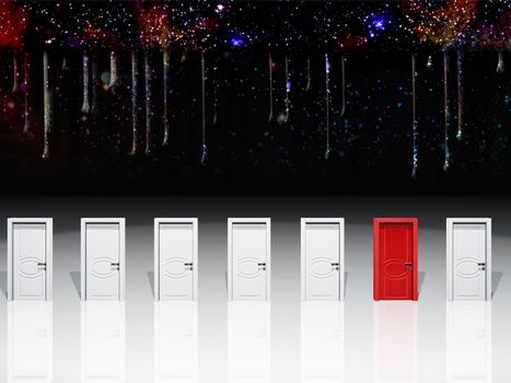 Surreal digital art. Seven white door with one red door. 3D rendering