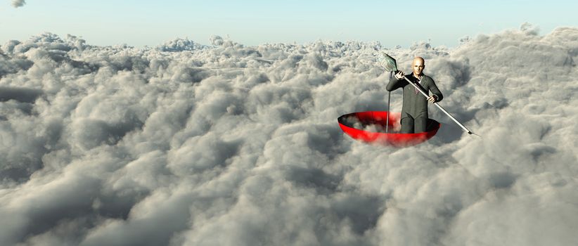 Man paddling through clouds in an upturned umbrella. 3D rendering