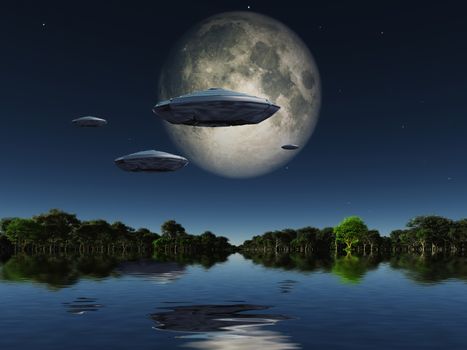 Spacecrafts flies over water surface. Full moon in the sky. 3D rendering