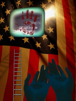 Blood on hands. USA flag. 3D rendering