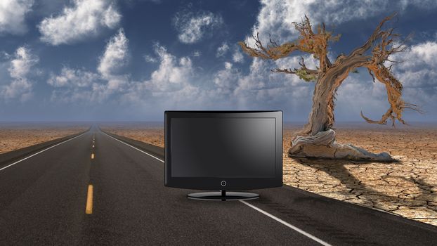 TV monitor on desert road. 3D rendering
