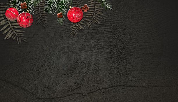 Christmas fir branches on wooden board background with red realistic baubles. Copy space, mock up. 3D illustration