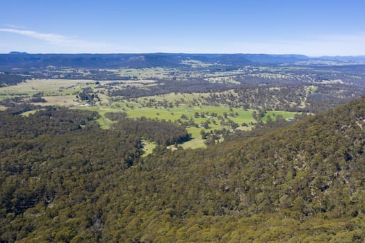 Aerial view of a large green agricultural valley in the Central Tablelands in regional New South Wales in Australia