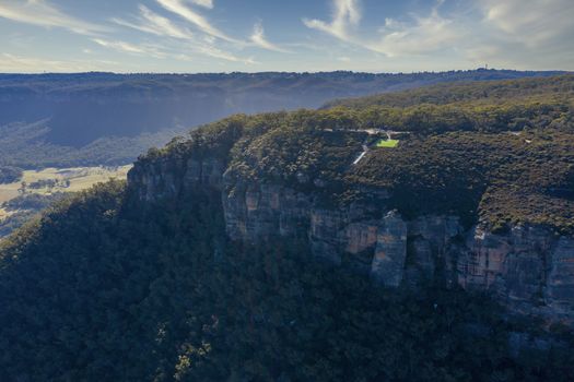 Aerial view of a Hang Glider launch pad in The Blue Mountains in New South Wales in Australia
