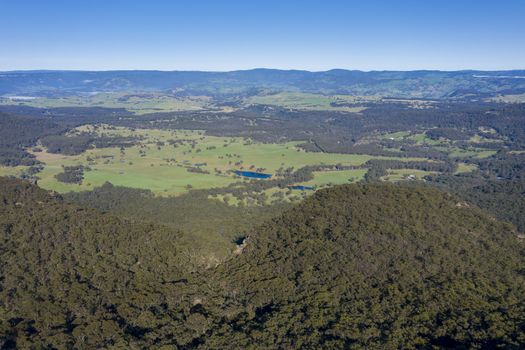 Aerial view of a large green valley at Mount Victoria in The Blue Mountains in New South Wales in Australia