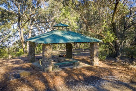 Aerial view of a picnic shed and table in the forest in regional Australia