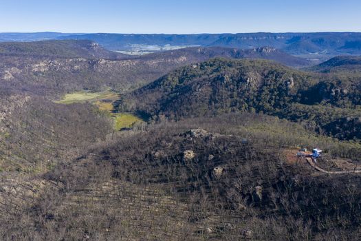 Aerial view of forest regeneration after bushfires in The Blue Mountains in New South Wales in Australia