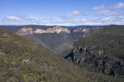 An aerial photograph of a valley in The Blue Mountains in New South Wales, Australia