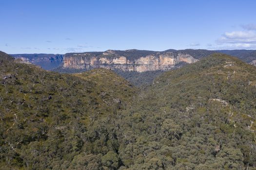 An aerial photograph of a valley in The Blue Mountains in New South Wales, Australia