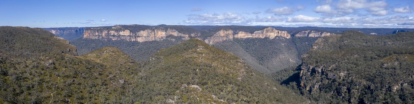 An aerial photograph of a valley in The Blue Mountains in New South Wales, Australia