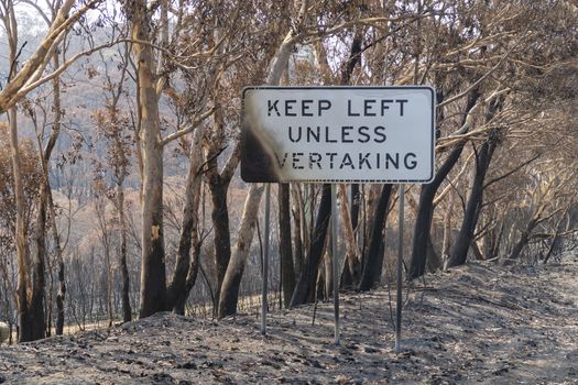 Damaged road sign in the bushfires in The Blue Mountains in Australia