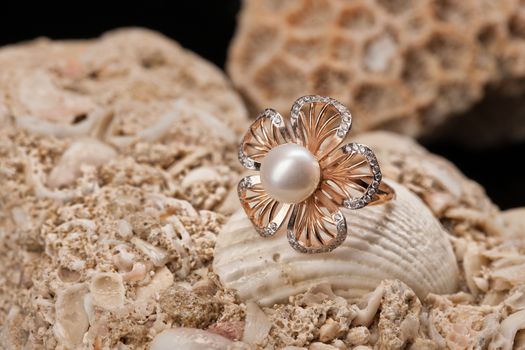 Golden ring with pearl and seashell on a stone background