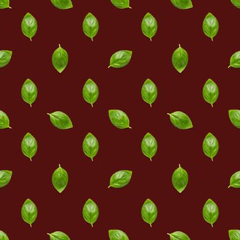 Italian Basil leaf herb seamless pattern on red background, Creative seamless pattern made from fresh green basil flat lay layout. Food ingredient seamless pattern.