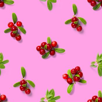 Lingonberry seamless pattern on pink background. Fresh cowberries or cranberries with leaves as seamless pattern for textile, fabric, print or posters