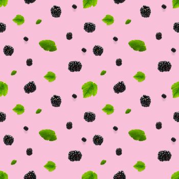 Falling Bramble Seamless pattern. Fresh Falling blackberry seamless pattern. Square pattern with fresh wild berries isolated on pink background. flat lay.