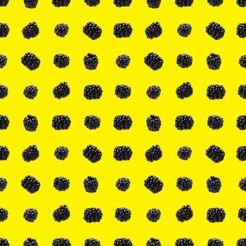 Bramble Seamless pattern. Fresh blackberry seamless pattern. Square pattern with fresh wild berries isolated on yellow background. flat lay.