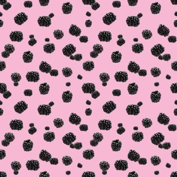 Falling Bramble Seamless pattern. Fresh Falling blackberry seamless pattern. Square pattern with fresh wild berries isolated on pink background. flat lay.