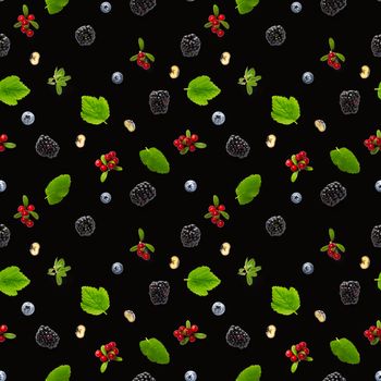 Creative seamless pattern of wild berries, blackberry, blueberry, lingonberry and bramble. modern seamless pattern on black backgriund made from autumn forest wild berries. Forest berries mix