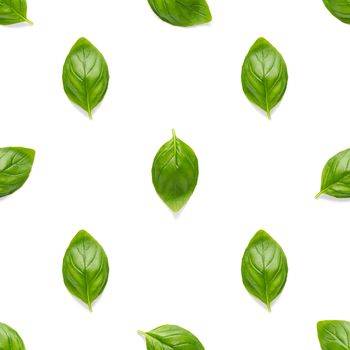 Italian Basil leaf herb seamless pattern on white background, Creative seamless pattern made from fresh green basil flat lay layout. Food ingredient seamless pattern.