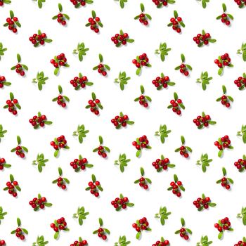 Lingonberry seamless pattern on white background. Fresh cowberries or cranberries with leaves as seamless pattern for textile, fabric, print or posters