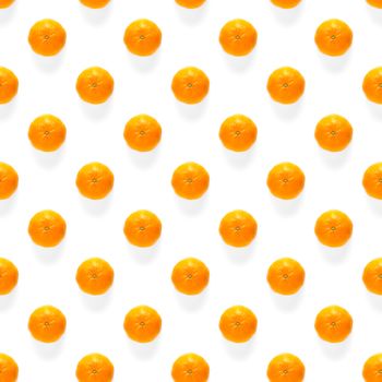 Fresh mandarin Seamles pattern. Ripe fruit tangerines seamless pattern. Fresh citrus isolated on white background pattern. Flat lay of Clementine. Mandarine modern tropical seamless background.