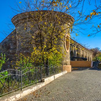 Odessa, Ukraine 11.05.2019.  Khadzhibey fortress quarantine arcade in Shevchenko Park in Odessa, Ukraine, on a sunny autumn day