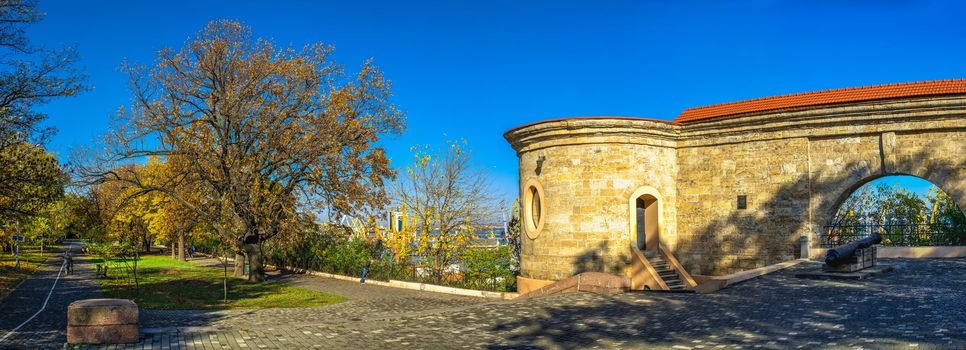 Odessa, Ukraine 11.05.2019.  Khadzhibey fortress quarantine arcade in Shevchenko Park in Odessa, Ukraine, on a sunny autumn day