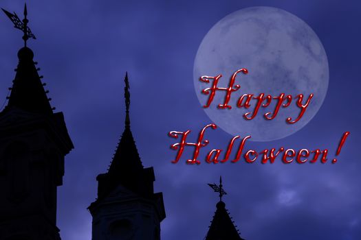 Halloween greeting, text on the background of the silhouette of a Gothic castle tower, cloudy night sky and full moon. Greeting card, poster or banner.