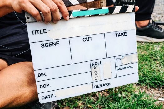 Film Slate, close up image of film production crew holding Film Slate on set