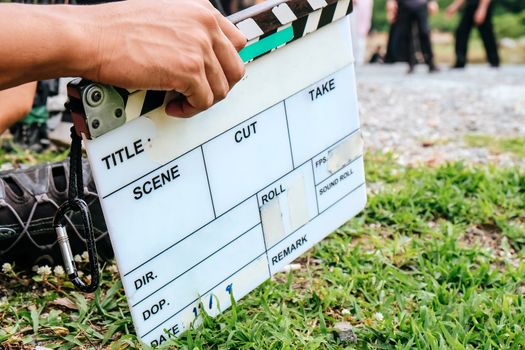 Film Slate, close up image of film production crew holding Film Slate on set