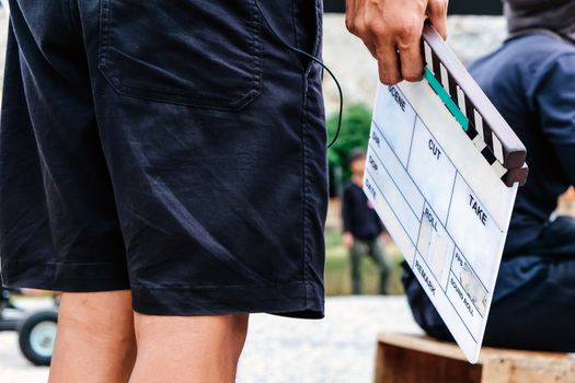Film Slate, close up image of film production crew holding Film Slate on set